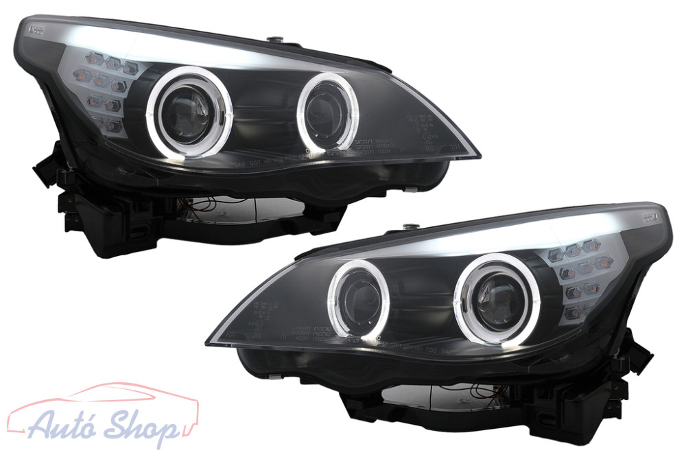 BMW E60/E61 fekete CCFL Angel Eyes LED halogén első lámpa pár F10 Optik 2003-2007